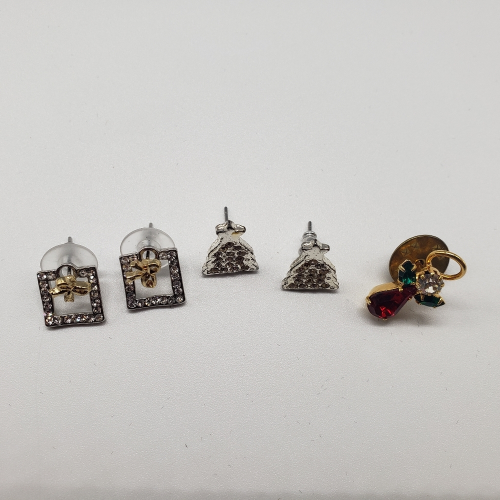 Christmas. Angel Tack Pin, Tree & Present Earrings View 3